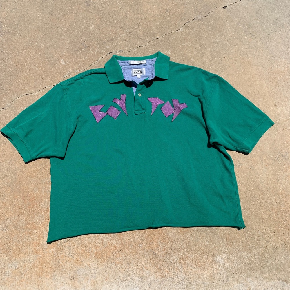 Handmade DIY "Boy Toy" cropped polo shirt in teal purple - size large mens